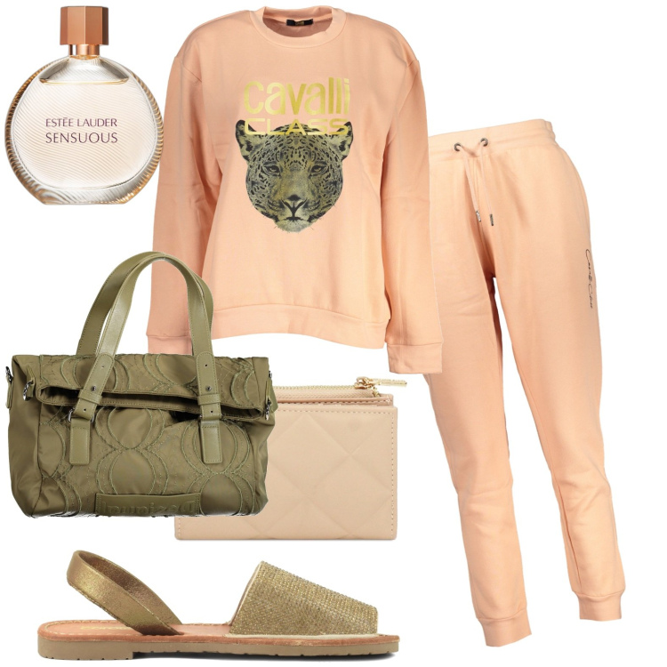 Outfit donna - Sportiva. Stile Casual per Tutti i giorni. Abbinamento con profumi, portafogli, sandali in pelle, felpe, borse a spalla, pantaloni.