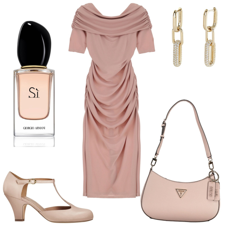Outfit donna - Cerimonia chic di mattina. Stile Chic per Cerimonia. Abbinamento con décolleté, profumi, orecchini, vestiti midi/longuette, borse a spalla.