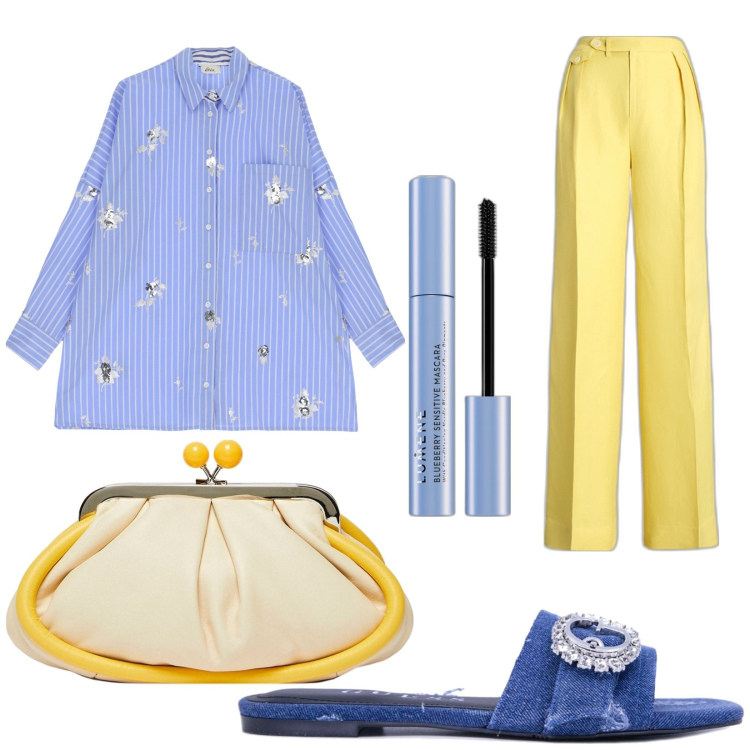 Outfit donna - Pasticcino. Stile Casual chic per Serata fuori. Abbinamento con mascara, camicie, pantaloni, clutch, ciabatte.