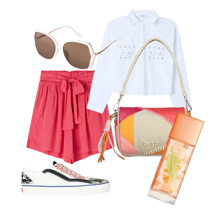 Outfit donna - Con le maniche arrotolate. Stile Casual chic per Tutti i giorni. Abbinamento con occhiali da sole, sneakers, profumi, shorts, camicie, borse a spalla.
