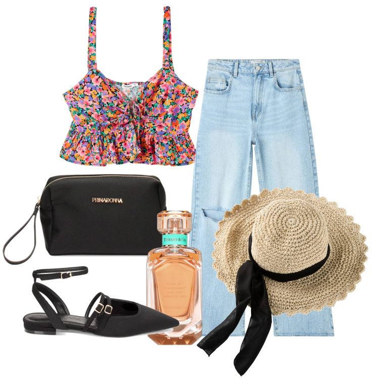 Outfit donna - Aspettando l\'estate. Stile Trendy per Tutti i giorni. Abbinamento con cappelli, profumi, jeans strappati, top, ballerine, valigie.