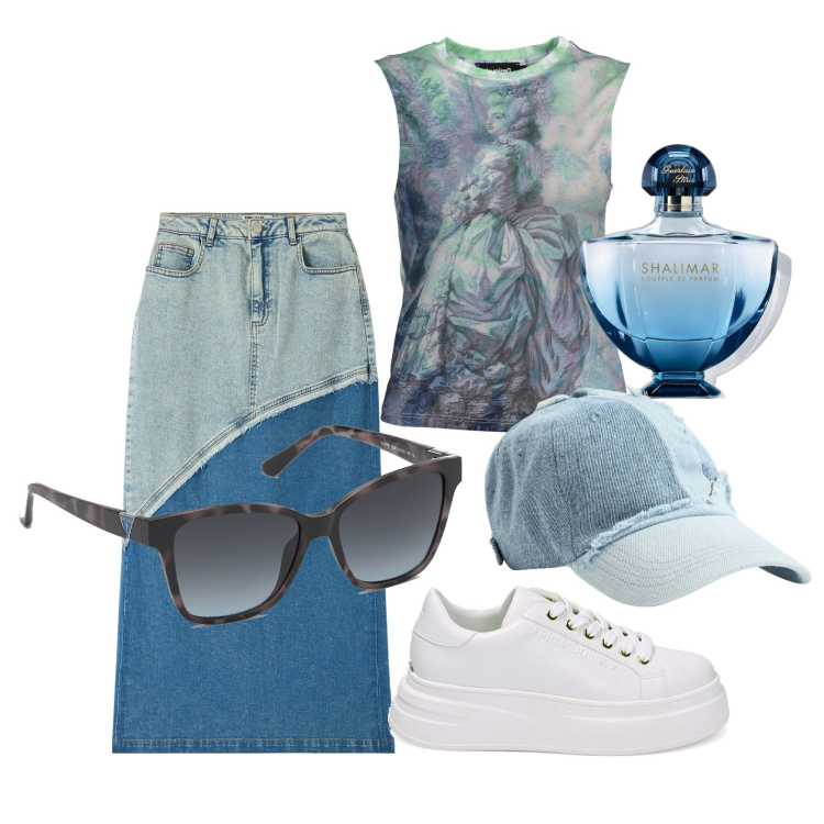Outfit donna - Passeggiata sul lungolago. Stile Trendy per Tutti i giorni. Abbinamento con profumi, gonne lunghe, cappelli, sneakers, canottiere, occhiali da sole.