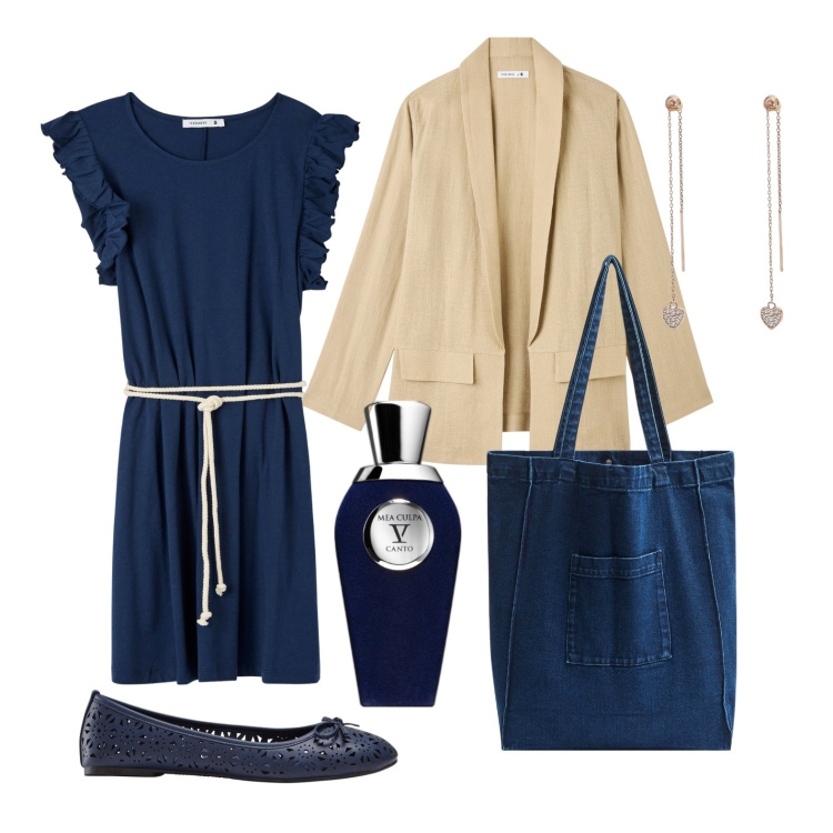 Outfit donna - Il classico blu navy. Stile Casual chic per Tutti i giorni. Abbinamento con ballerine, profumi, shopping bag, vestiti, blazer, orecchini.