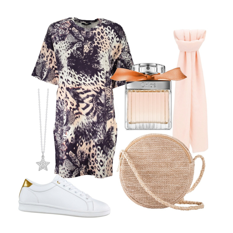 Outfit donna - Indole esotica. Stile Casual chic per Tutti i giorni. Abbinamento con sneakers, borse a tracolla, profumi, collane, foulard, vestiti corti.