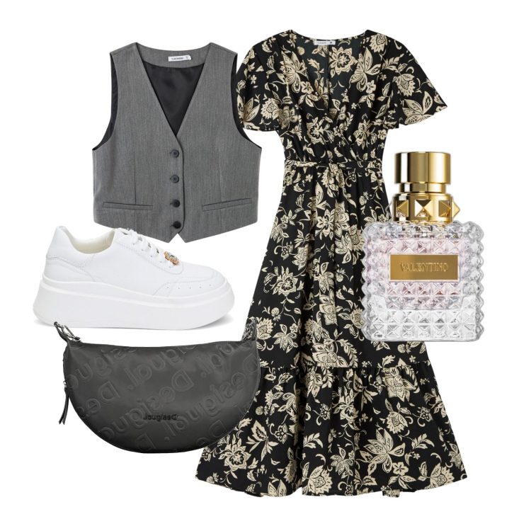 Outfit donna - Voglia di gilet. Stile Casual chic per Tutti i giorni. Abbinamento con profumi, vestiti lunghi, gilet, sneakers, borse a tracolla.