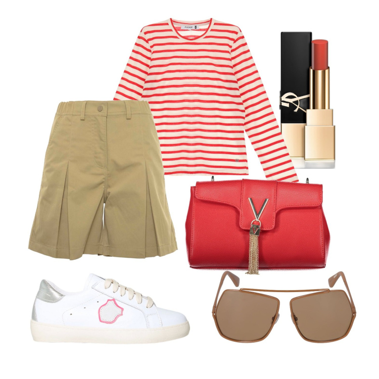 Outfit donna - Ghost outfitter - aprile. Stile Casual per Tutti i giorni. Abbinamento con rossetti, t-shirt, sneakers, shorts, borse a tracolla, occhiali da sole.