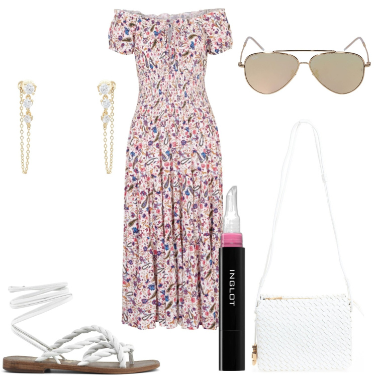 Outfit donna - Vestito motivo cachemire. Stile Romantica per Tutti i giorni. Abbinamento con orecchini, vestiti, gloss, borse a tracolla, sandali, occhiali da sole.