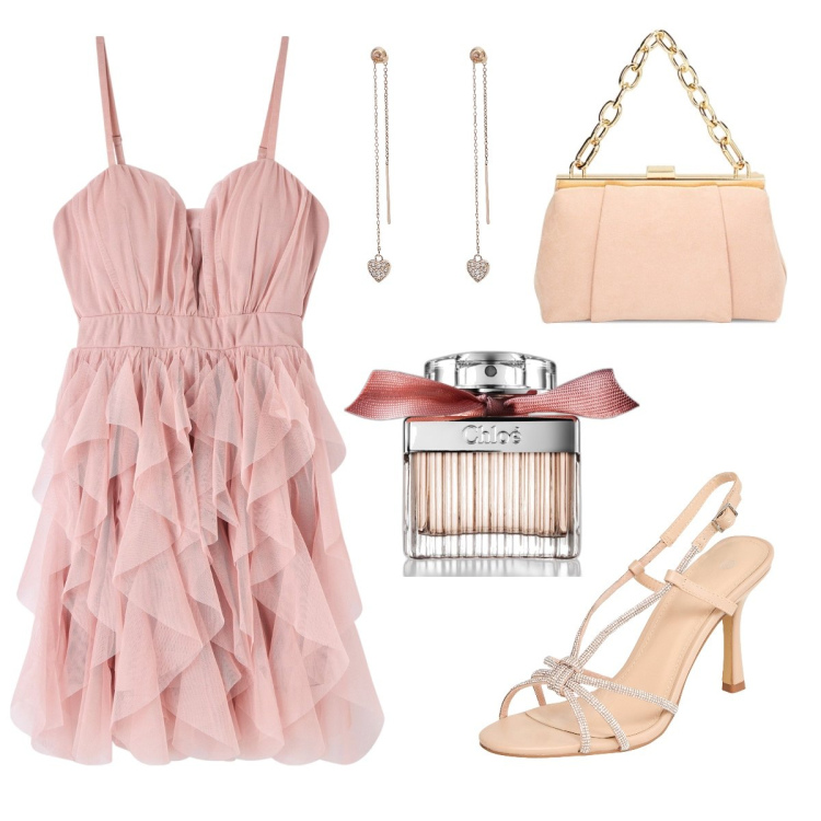 Outfit donna - Estate pink. Stile Romantica per Cerimonia. Abbinamento con profumi, vestiti corti, sandali col tacco, orecchini, borse a spalla.