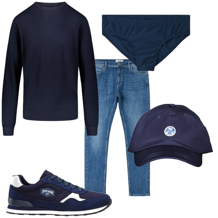 Outfit uomo - Mi piace blu. Stile Casual per Tutti i giorni. Abbinamento con sneakers, jeans skinny, slip, maglieria, cappelli con visiera.