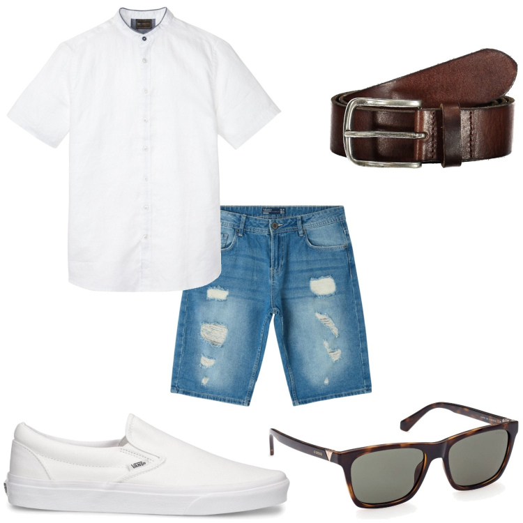 Outfit uomo - Bermuda jeans e camicia. Stile Casual per Tutti i giorni. Abbinamento con camicie a manica corta, shorts, occhiali da sole, sneakers, cinture.