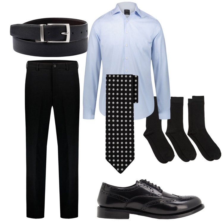 Outfit uomo - In ufficio. Stile Business/Elegante per Ufficio. Abbinamento con scarpe stringate, calzini, camicie, pantaloni, cravatte, cinture.