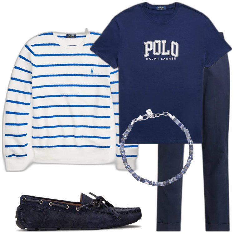 Outfit uomo - Polo Ralph Lauren. Stile Casual per Tutti i giorni. Abbinamento con braccialetti, scarpe stringate, maglieria, pantaloni chino, t-shirt.