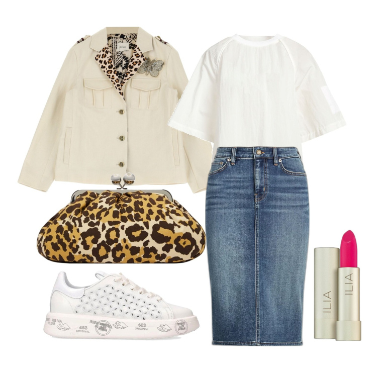 Outfit donna - Ghost outfitter - aprile. Stile Trendy per Tutti i giorni. Abbinamento con t-shirt, rossetti, blazer, gonne, sneakers, borse a tracolla.