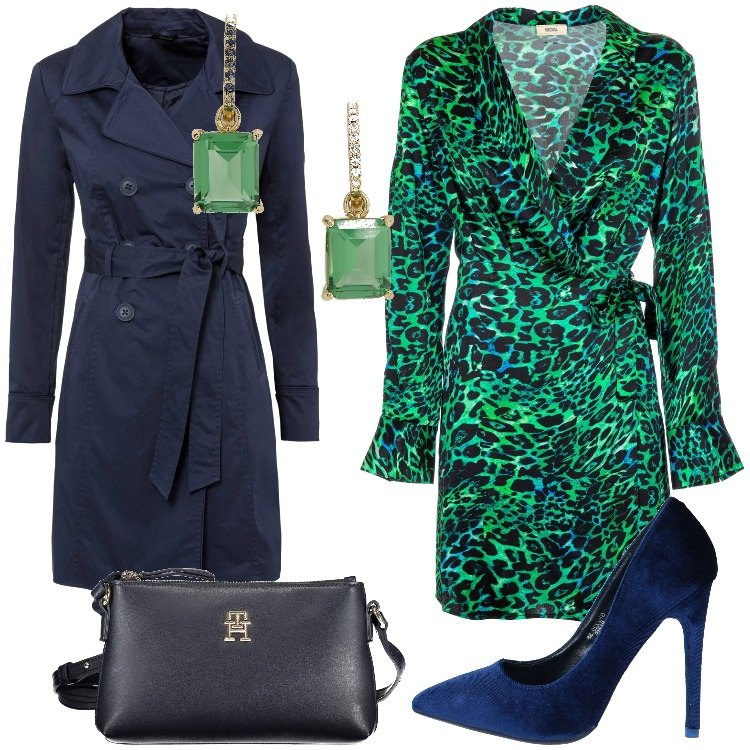 Outfit donna - Blu e verde. Stile Chic per Serata fuori. Abbinamento con trench, décolleté, vestiti, orecchini, borse a tracolla.