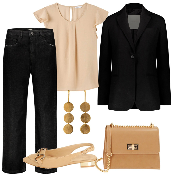 Outfit donna - Simplicity. Stile Casual chic per Ufficio. Abbinamento con bluse, ballerine, borse a tracolla, jeans, blazer, orecchini.