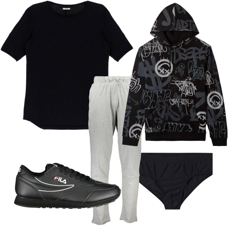 Outfit uomo - Total look #1851388. Stile Urban per Tutti i giorni. Abbinamento con costumi, felpe con cappuccio, t-shirt, pantaloni, scarpe sportive.