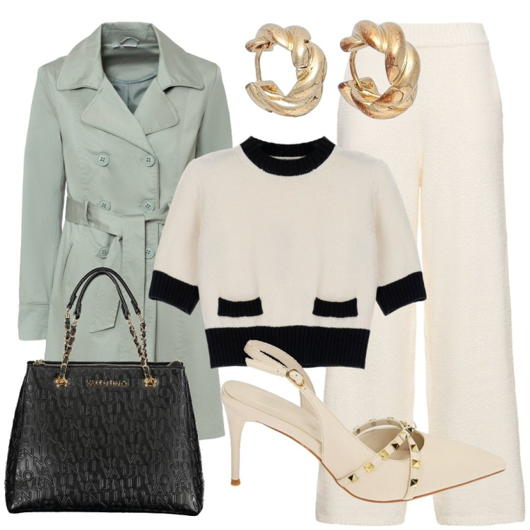 Outfit donna - Olivo avorio. Stile Casual chic per Ufficio. Abbinamento con trench, orecchini, pullovers, décolleté, pantaloni, borse a spalla.