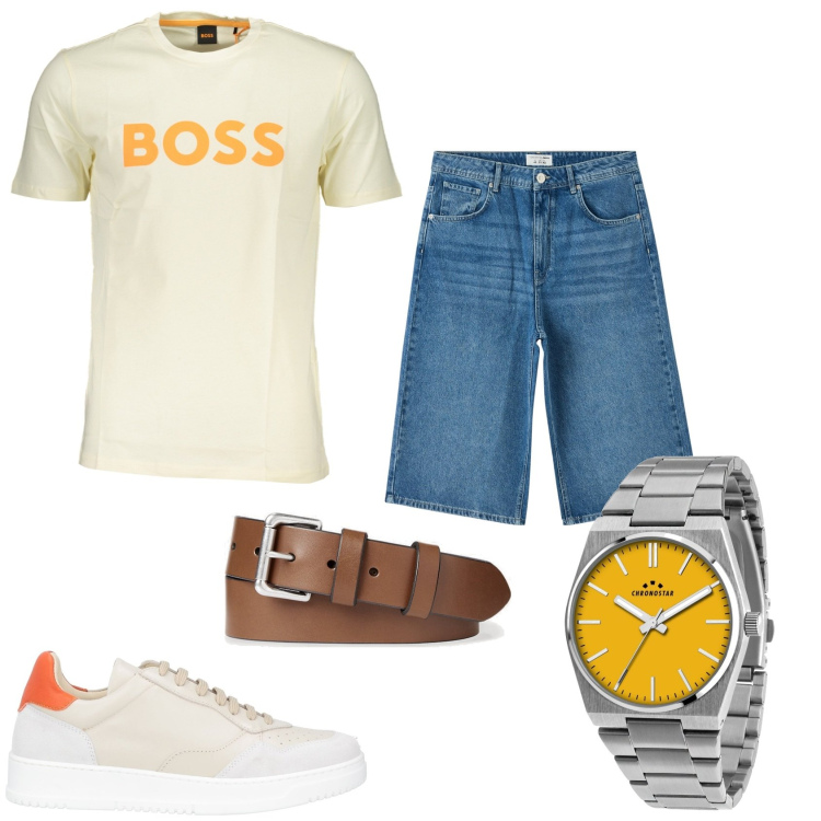 Outfit uomo - Bermuda e maglietta boss. Stile Casual per Tutti i giorni. Abbinamento con orologi, sneakers, pantaloni corti, cinture, t-shirt.