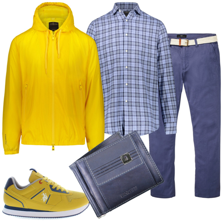 Outfit uomo - Giornata ventosa. Stile Casual per Tutti i giorni. Abbinamento con pantaloni chino, giacche, scarpe sportive, camicie, portafogli.