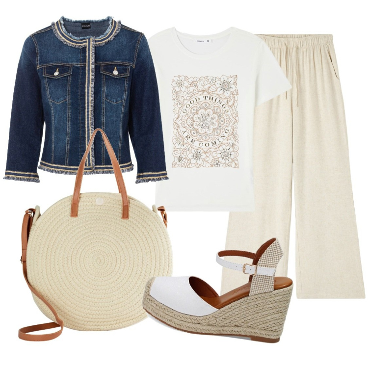 Outfit donna - Linee semplici. Stile Casual per Tutti i giorni. Abbinamento con blazer, shopping bag, t-shirt, pantaloni, zeppe.