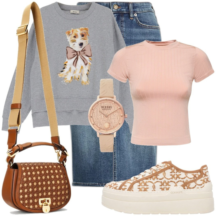 Outfit donna - Shopping. Stile Basic per Tutti i giorni. Abbinamento con orologi, sneakers, felpe, gonne, borse a tracolla, t-shirt.