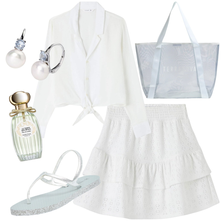 Outfit donna - arriva la bella stagione. Stile Casual per Tutti i giorni. Abbinamento con profumi, camicie, sandali, minigonne, shopping bag, orecchini.