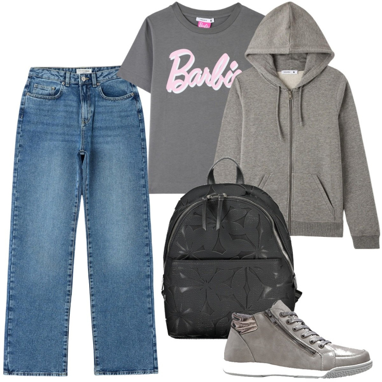 Outfit donna - Jeans e felpa grigia. Stile Basic per Tutti i giorni. Abbinamento con sneakers alte, jeans dritti, t-shirt, felpe con cappuccio, zaini.