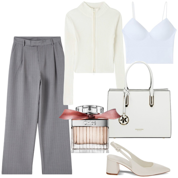 Outfit donna - Cerimonia informale o ufficio elegante. Stile Casual chic per Cerimonia. Abbinamento con profumi, top, pantaloni, cardigans, décolleté, borse a mano.