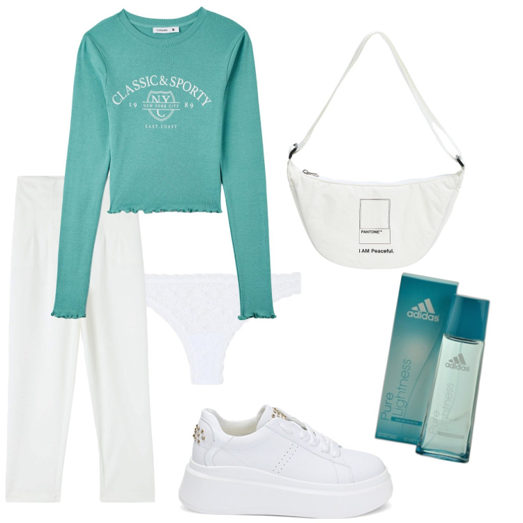 Outfit donna - Total look #1851464. Stile Casual per Tutti i giorni. Abbinamento con profumi, pantaloni chino, marsupi, t-shirt, culotte, sneakers.