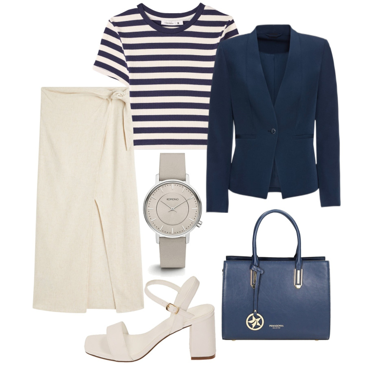 Outfit donna - Tendenza gonna midi e righe. Stile Trendy per Tutti i giorni. Abbinamento con blazer, orologi, t-shirt, gonne lunghe, sandali col tacco, borse a mano.
