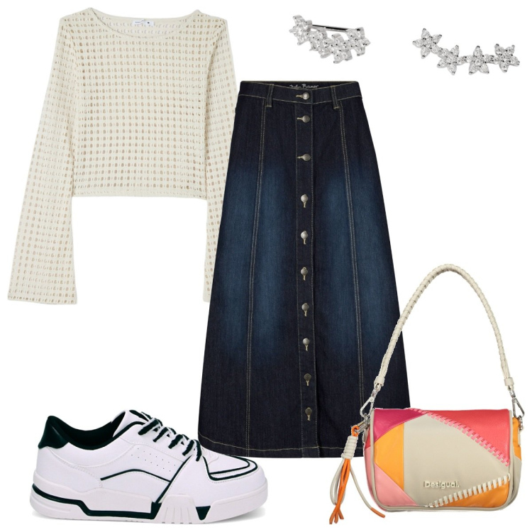 Outfit donna - Total look #1851477. Stile Trendy per Tutti i giorni. Abbinamento con gonne longuette, maglieria, orecchini, sneakers, borse a spalla.