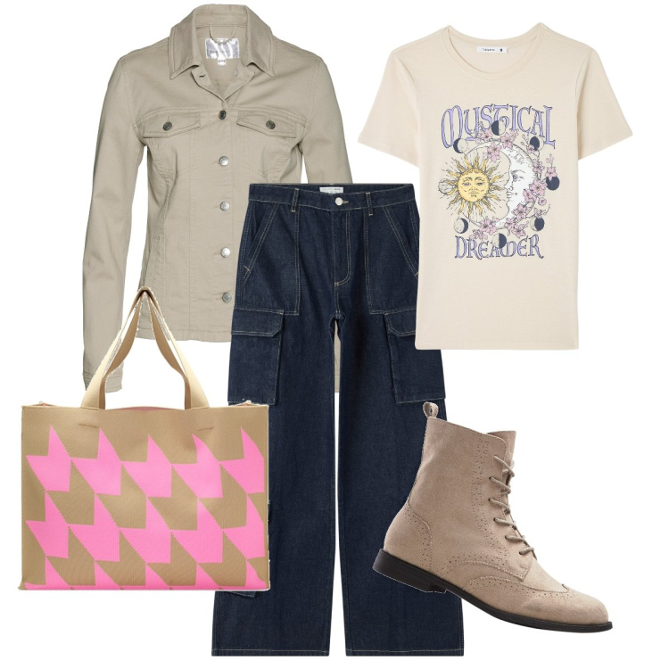 Outfit donna - Il jeans cargo. Stile Casual chic per Tutti i giorni. Abbinamento con blazer, stivaletti, jeans, t-shirt, borse a spalla.