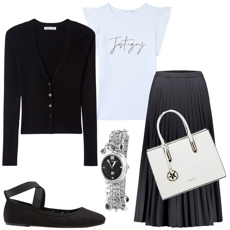 Outfit donna - Bianco e nero. Stile Casual chic per Serata fuori. Abbinamento con ballerine, orologi, cardigans, t-shirt, borse a mano, gonne lunghe.