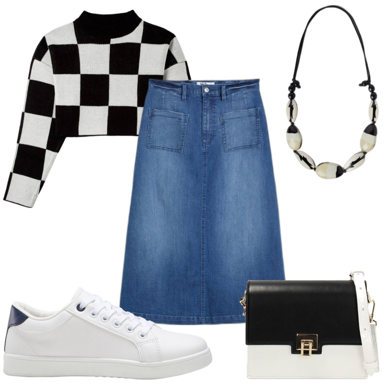 Outfit donna - Total look #1851504. Stile Trendy per Tutti i giorni. Abbinamento con gonne longuette, sneakers, maglieria, borse a tracolla, collane.