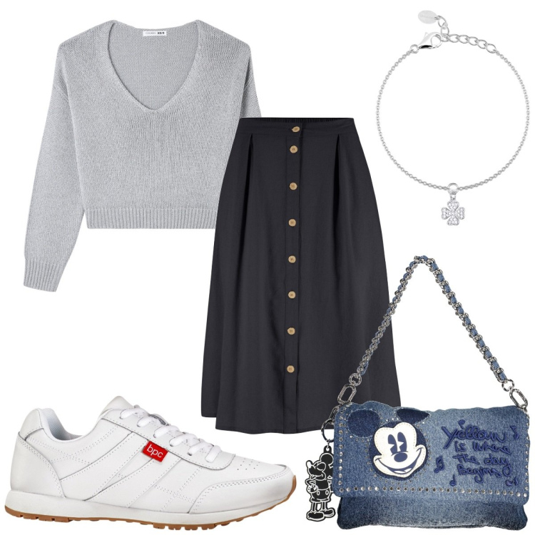 Outfit donna - Total look #1851507. Stile Trendy per Tutti i giorni. Abbinamento con sneakers, gonne longuette, maglieria, braccialetti con ciondoli, borse a spalla.