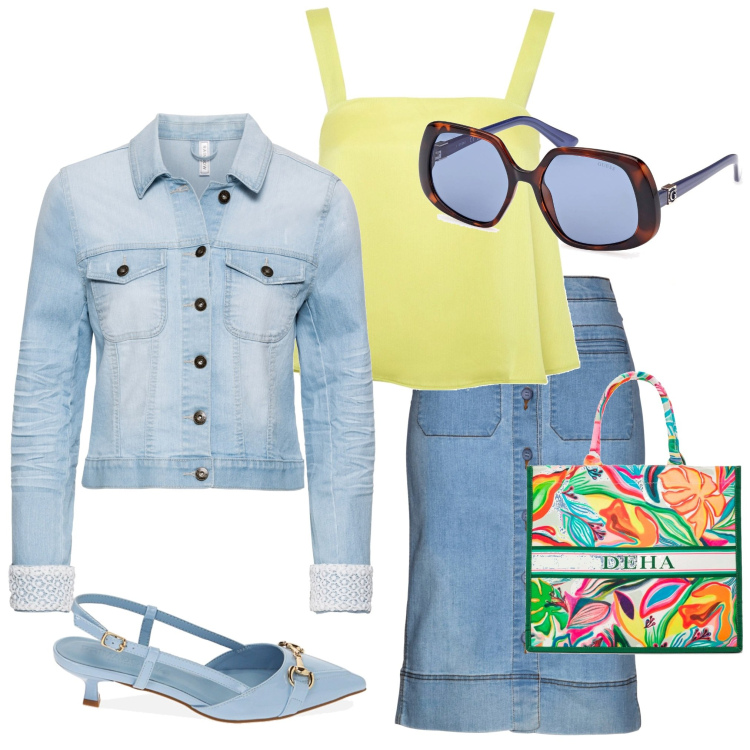 Outfit donna - Borsa multicolore. Stile Casual chic per Tutti i giorni. Abbinamento con gonne, blazer, décolleté, shopping bag, occhiali da sole, top.