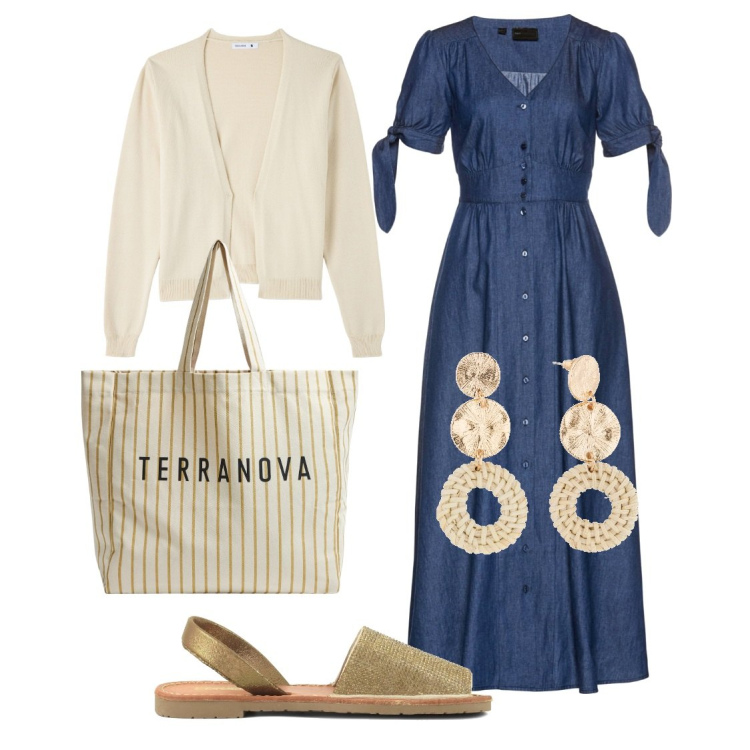 Outfit donna - Easy con poca spesa. Stile Casual per Tutti i giorni. Abbinamento con vestiti, orecchini, cardigans, borse tote, sandali in pelle.