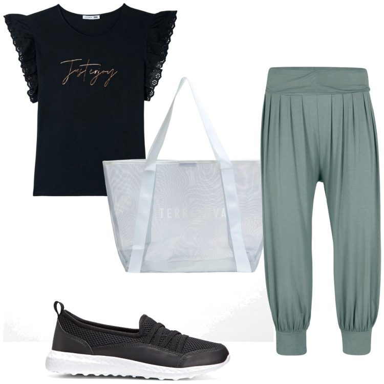 Outfit donna - Total look #1851527. Stile Basic per Sport. Abbinamento con sneakers, pantaloni, t-shirt, shopping bag.