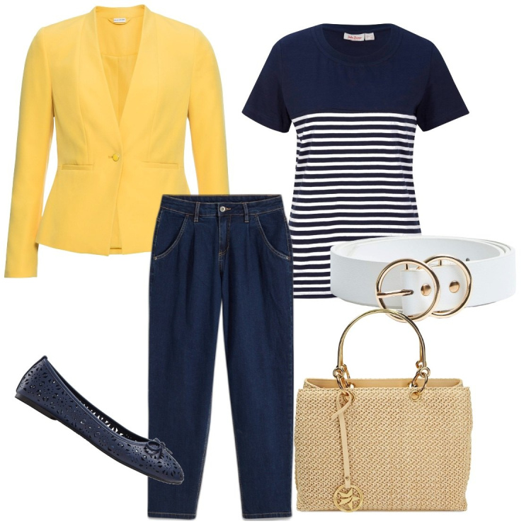 Outfit donna - Passeggiate nel tardo pomeriggio. Stile Casual chic per Tutti i giorni. Abbinamento con t-shirt, blazer, ballerine, jeans, cinture, borse a mano.