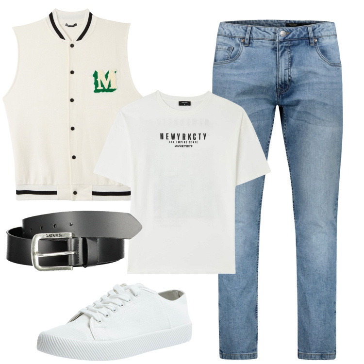 Outfit uomo - Primavera. Stile Casual per Tutti i giorni. Abbinamento con t-shirt, sneakers, gilet, jeans, cinture.