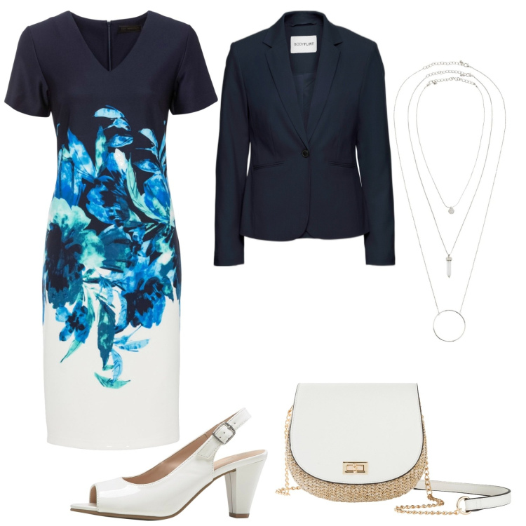 Outfit donna - Bonprix cerimonia ad aprile. Stile Chic per Cerimonia. Abbinamento con ciondoli, blazer, borse a tracolla, vestiti a tubino, décolleté.