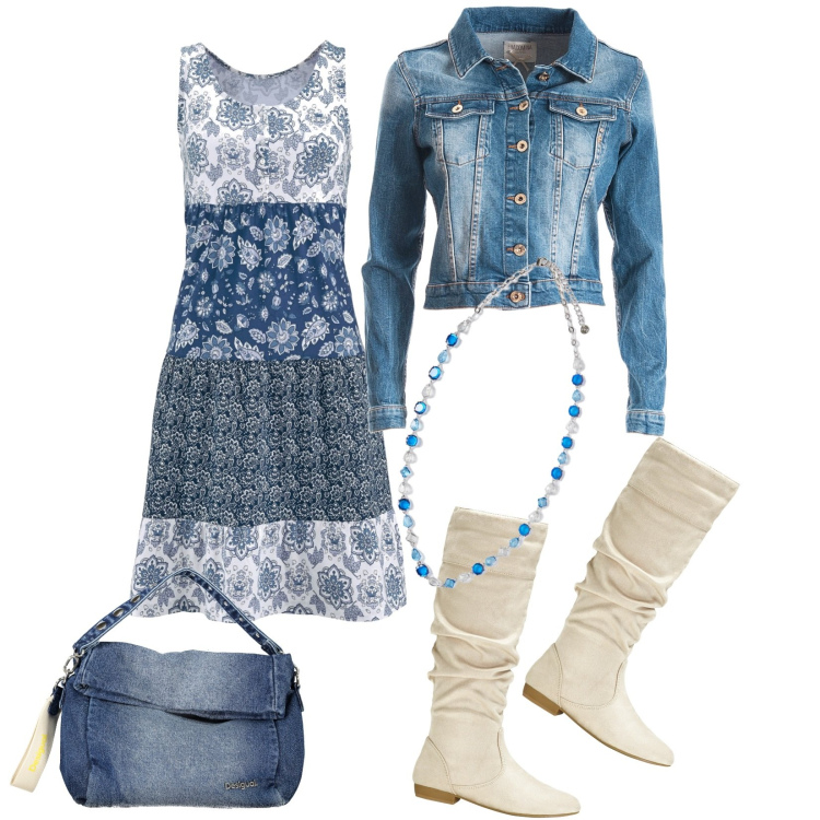 Outfit donna - Pranzo in agriturismo. Stile Casual per Tutti i giorni. Abbinamento con vestiti corti, stivali, blazer, borse a spalla, collane.
