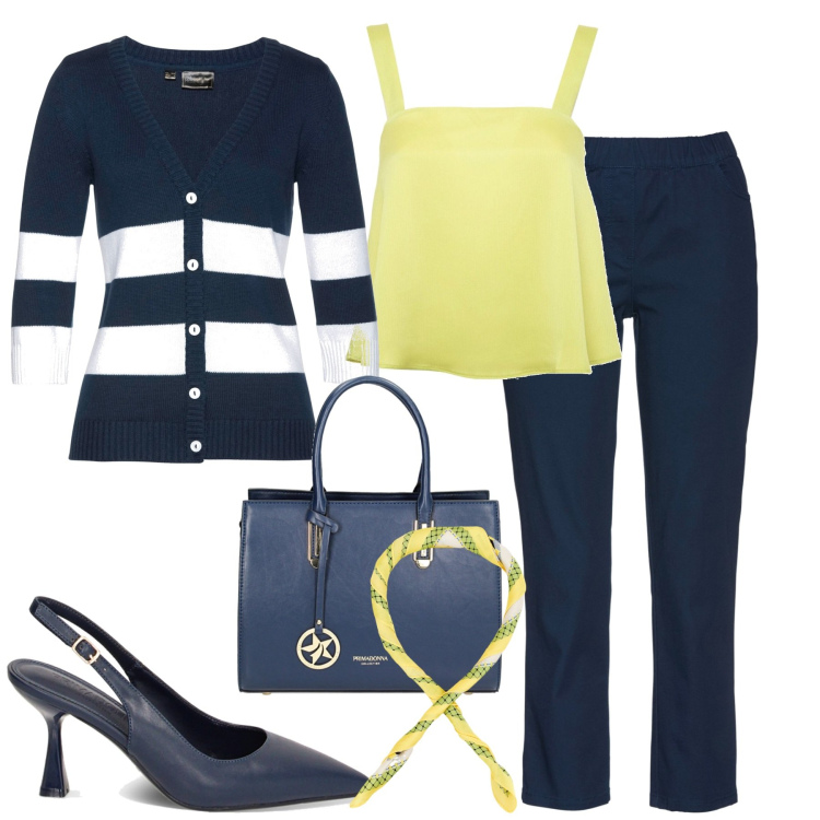 Outfit donna - In ufficio. Stile Chic per Ufficio. Abbinamento con pantaloni, cardigans, foulard, décolleté, borse a mano, top.