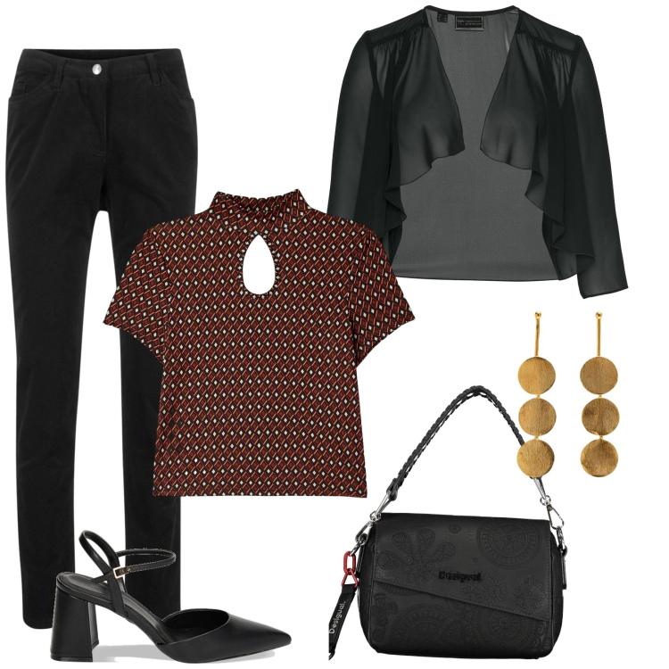 Outfit donna - Cena con le amiche. Stile Casual chic per Serata fuori. Abbinamento con pantaloni, bolero, t-shirt, décolleté, borse a spalla, orecchini.