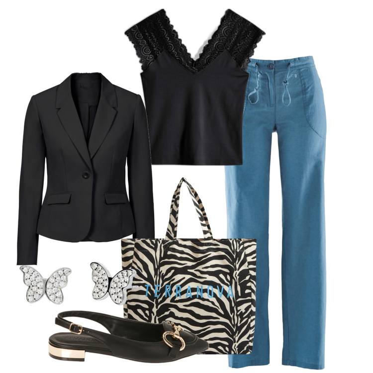 Outfit donna - Una sera. Stile Casual chic per Serata fuori. Abbinamento con maglieria, pantaloni a palazzo, blazer, borse tote, orecchini, ballerine.