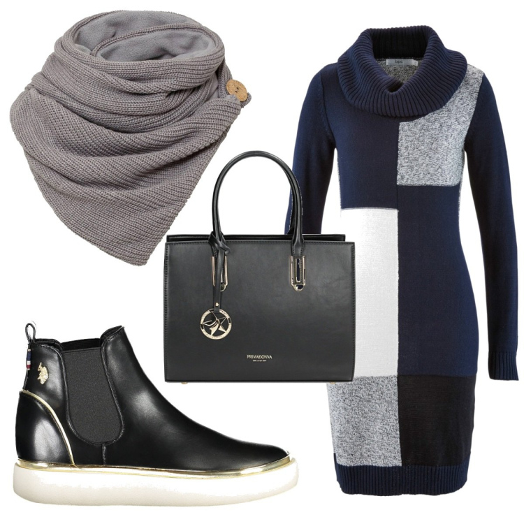 Outfit donna - Total look #1851607. Stile Trendy per Tutti i giorni. Abbinamento con vestiti midi/longuette, foulard, borse a mano, stivali.