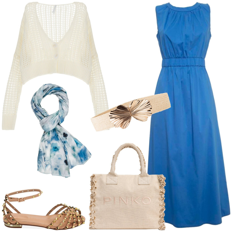 Outfit donna - I colori del mare. Stile Casual chic per Tutti i giorni. Abbinamento con cinture, shopping bag, cardigans, ballerine, vestiti lunghi, sciarpe.