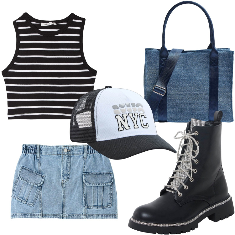 Outfit donna - Total look #1851634. Stile Basic per Tutti i giorni. Abbinamento con cappelli, shopping bag, top, minigonne, anfibi.