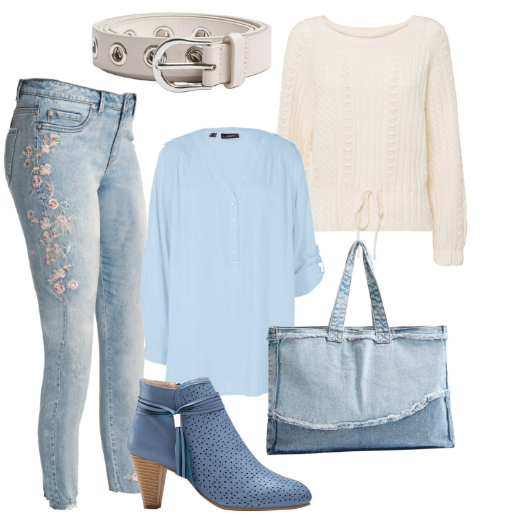 Outfit donna - Primavera con i suoi fiori colorati. Stile Casual per Tutti i giorni. Abbinamento con jeans, tuniche, maglieria, stivaletti, cinture, shopping bag.