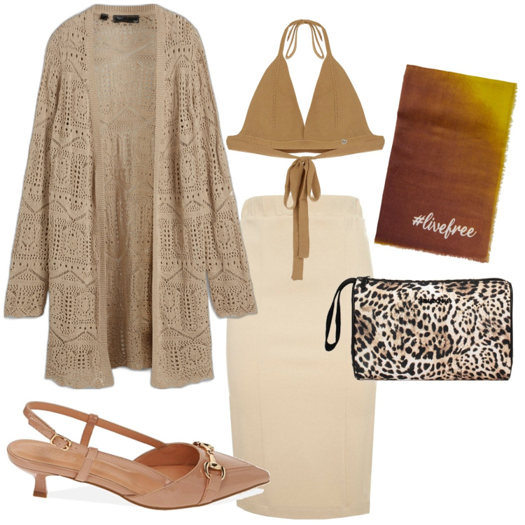 Outfit donna - Total look #1851680. Stile Casual per Tutti i giorni. Abbinamento con cardigans, top, décolleté, valigie, gonne, foulard.